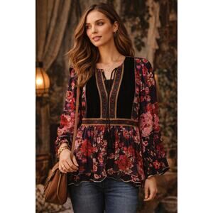 Johnny Was Kimmy Peasant Top Silk Blend Pink Floral Black Velvet Medium M